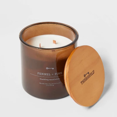 23oz XL 3-Wick Fennel + Pine Wooden Amber Glass With Wood Lid And Stamped Logo Amber Candle - Threshold™ 4 23oz XL 3-Wick Fennel + Pine Wooden Amber Glass With Wood Lid And Stamped Logo Amber Candle - Threshold™ - Image 2