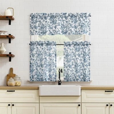 No. 918 1pc 54"x14" Elara Floral Print Semi-Sheer Rod Pocket Kitchen Curtain Valance Indigo 5 No. 918 1pc 54"x14" Elara Floral Print Semi-Sheer Rod Pocket Kitchen Curtain Valance Indigo - Image 3