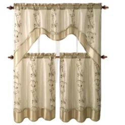 GoodGram Daphne Embroidered Kitchen Curtain Set - 56 In. W X 36 In. L, Beige/Gold