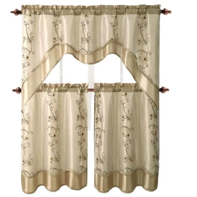 GoodGram Daphne Embroidered Kitchen Curtain Set - 56 In. W X 36 In. L, Beige/Gold 3 GoodGram Daphne Embroidered Kitchen Curtain Set - 56 In. W X 36 In. L, Beige/Gold
