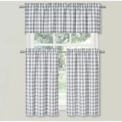 Kate Aurora Country Farmhouse Plaid Checkered Gingham 3 Pc Kitchen Curtain Tier & Valance Set