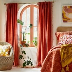 1pc Light Filtering Velvet Macrame Trim Window Curtain Panel Burnt Orange - Opalhouse™ Designed With Jungalow™