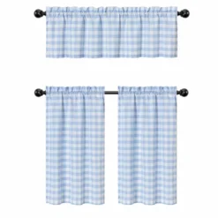 Kate Aurora Living Country Farmhouse Blue Plaid Gingham 3 Pc Kitchen Curtain Tier & Valance Set - 56 In. W X 36 In. L