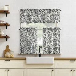 No. 918 2pc 54"x36" Elara Floral Print Semi-Sheer Rod Pocket Kitchen Curtain Tier Pair Black -Home Improvement Store GUEST 96994c9c 4309 4a68 8f32 15f402512467