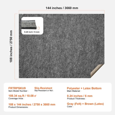 VEVOR - Slip-Resistant Rug Pad - Protective Cushioning Carpet Pad - 9' X 12' - 1/4"Thick - Dual Surface - Polyester Felt + Latex - Gray 9 VEVOR - Slip-Resistant Rug Pad - Protective Cushioning Carpet Pad - 9' X 12' - 1/4"Thick - Dual Surface - Polyester Felt + Latex - Gray - Image 7