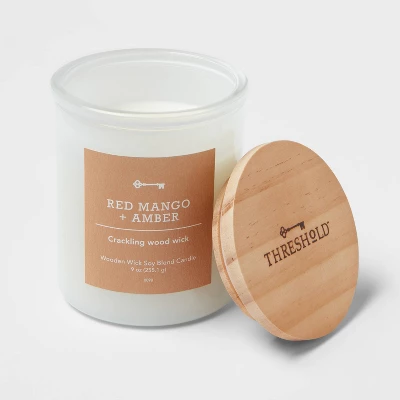 9oz Milky White Glass Woodwick Candle With Wood Lid And Stamped Logo Red Mango And Amber - Threshold™ 4 9oz Milky White Glass Woodwick Candle With Wood Lid And Stamped Logo Red Mango And Amber - Threshold™ - Image 2