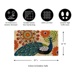 Evergreen Proud Peacocks Welcome Indoor Outdoor Coir Doormat 1'4"x2'4" Multicolored