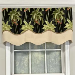 RLF Home Shadow Gimp Trim Detail Printed Palm Glory High Quality Valance 3" Rod Pocket 50" X 16" Ebony Black