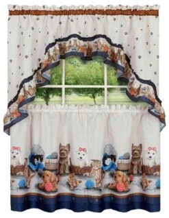 GoodGram Adorable Puppies & Kittens Kitchen Curtain Tier & Swag Set