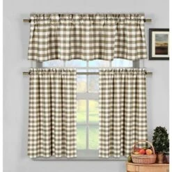 GoodGram Country Farmhouse Linen Gingham Checkered Plaid Cafe Kitchen Curtain Tier And Valance Set - 58 In. W X 36 In. L