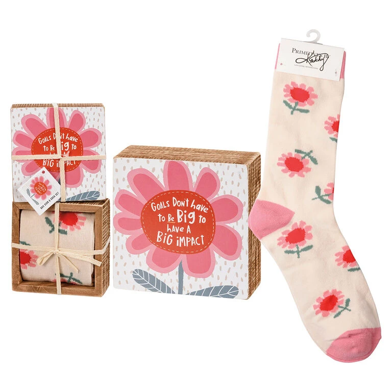 Primitives By Kathy Pink Flowers Goals Block Sign And Socks, Set Of 2 3 Primitives By Kathy Pink Flowers Goals Block Sign And Socks, Set Of 2